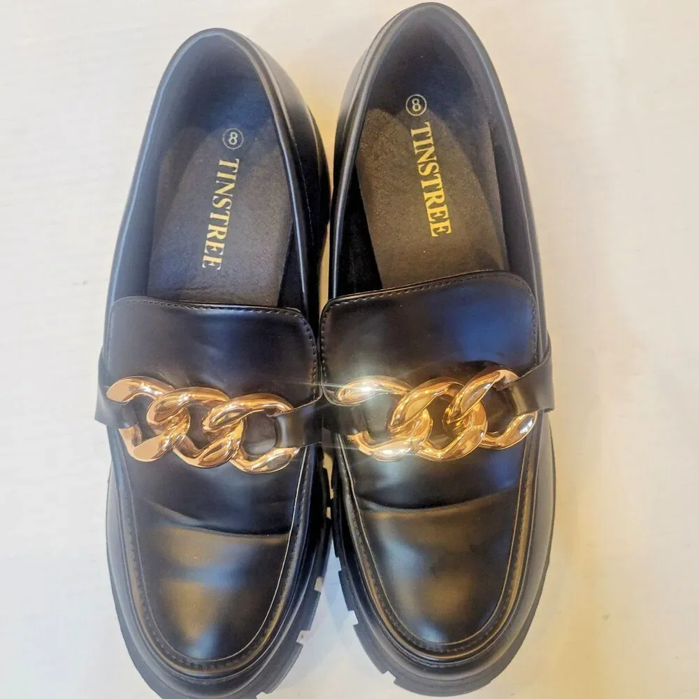 TINSTREE Platform Loafers Black Gold Chain Sz 8 Chunky Lug Sole Shoes Preppy